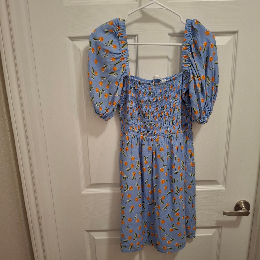 Seafolly Australia Blue Orange Floral Smocked Puff‎ Sleeve Mini Dress Size S